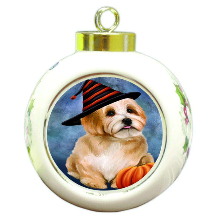 Happy Halloween Havanese Dog Wearing Witch Hat with Pumpkin Round Ball Christmas Ornament RBPOR54887