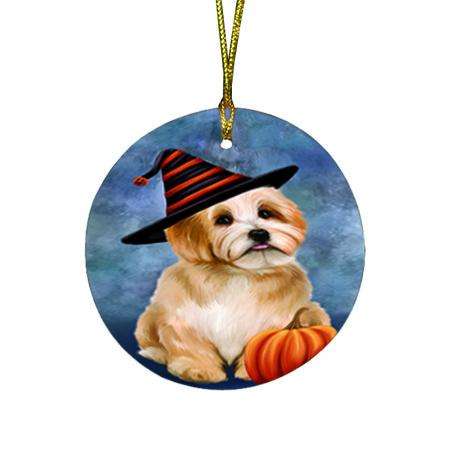 Happy Halloween Havanese Dog Wearing Witch Hat with Pumpkin Round Flat Christmas Ornament RFPOR54878