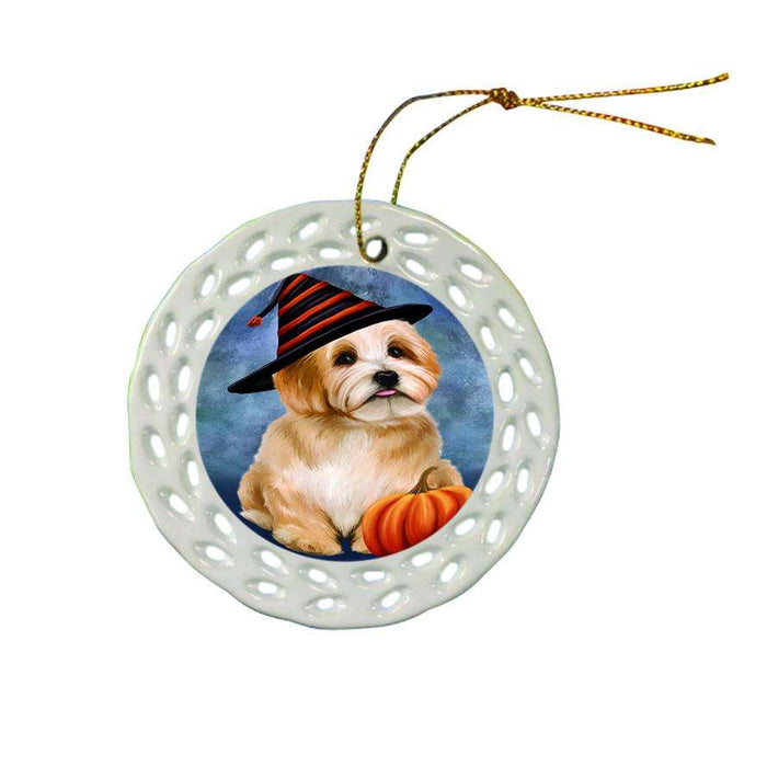 Happy Halloween Havanese Dog Wearing Witch Hat with Pumpkin Star Porcelain Ornament SPOR54878