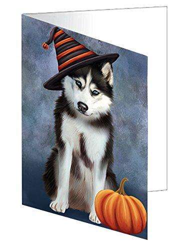Happy Halloween Husky Dog Wearing Witch Hat with Pumpkin Handmade Artwork Assorted Pets Greeting Cards and Note Cards with Envelopes for All Occasions and Holiday Seasons D023