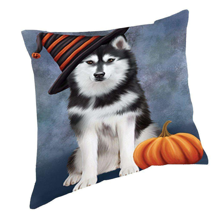 Happy Halloween Husky Dog Wearing Witch Hat with Pumpkin Throw Pillow D091