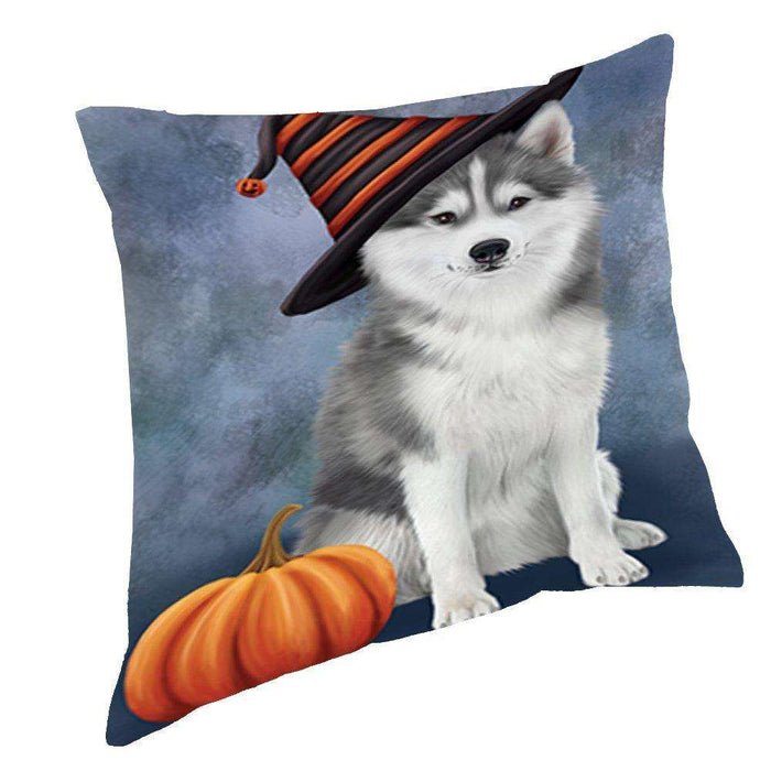 Happy Halloween Husky Dog Wearing Witch Hat with Pumpkin Throw Pillow D094