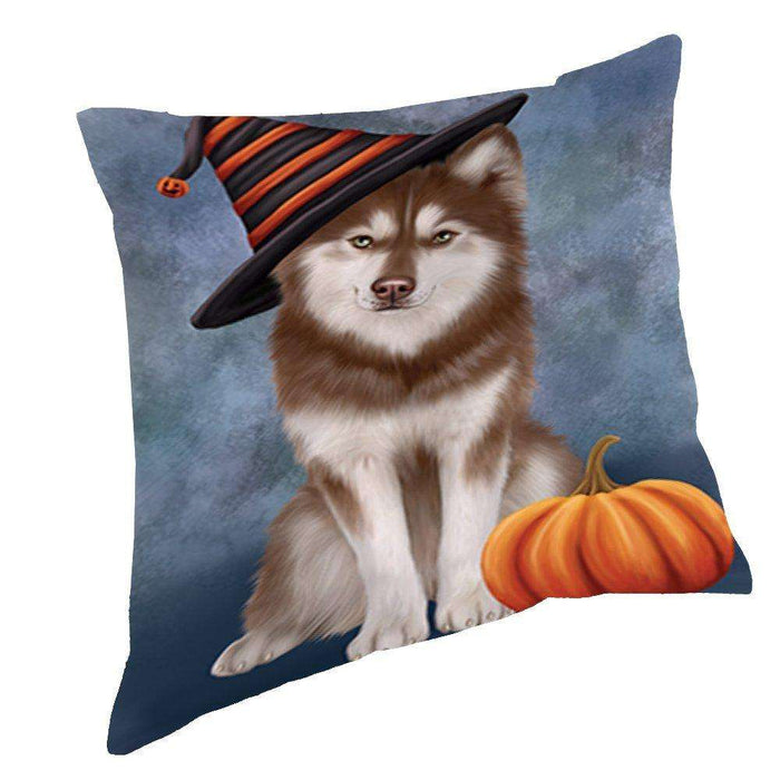 Happy Halloween Husky Dog Wearing Witch Hat with Pumpkin Throw Pillow D095