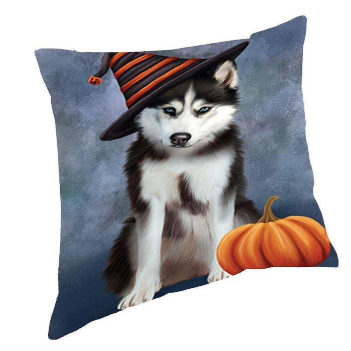 Happy Halloween Husky Dog Wearing Witch Hat with Pumpkin Throw Pillow D098