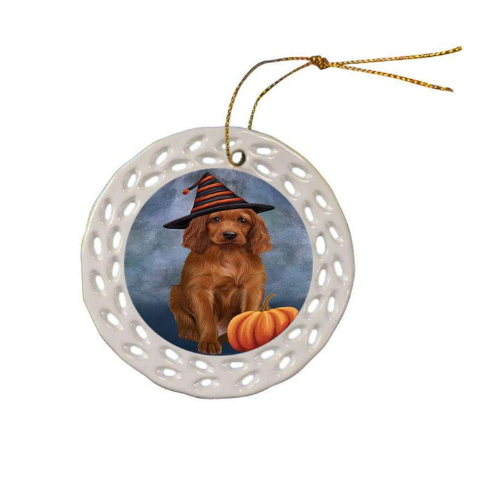 Happy Halloween Irish Setter Dog Wearing Witch Hat with Pumpkin Ceramic Doily Ornament DPOR54861