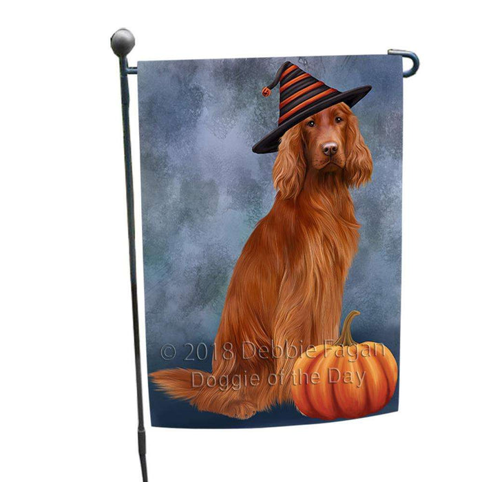 Happy Halloween Irish Setter Dog Wearing Witch Hat with Pumpkin Garden Flag GFLG54922