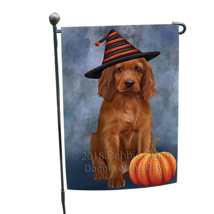 Happy Halloween Irish Setter Dog Wearing Witch Hat with Pumpkin Garden Flag GFLG54923