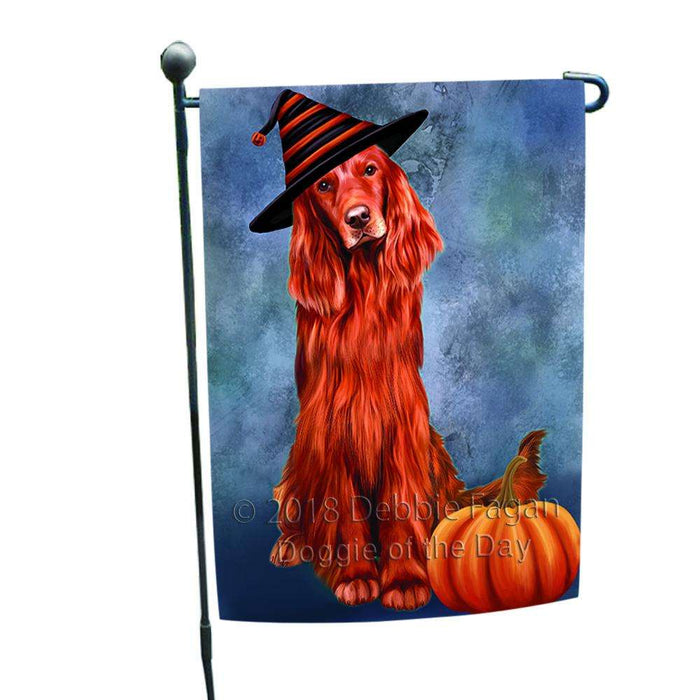 Happy Halloween Irish Setter Dog Wearing Witch Hat with Pumpkin Garden Flag GFLG54951