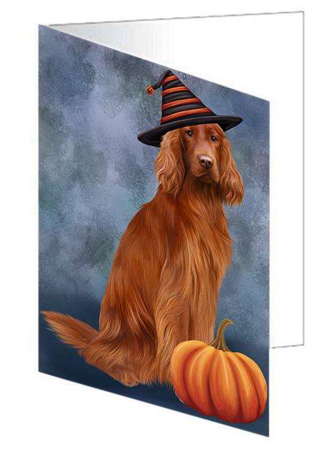 Happy Halloween Irish Setter Dog Wearing Witch Hat with Pumpkin Handmade Artwork Assorted Pets Greeting Cards and Note Cards with Envelopes for All Occasions and Holiday Seasons GCD68609