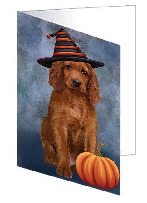 Happy Halloween Irish Setter Dog Wearing Witch Hat with Pumpkin Handmade Artwork Assorted Pets Greeting Cards and Note Cards with Envelopes for All Occasions and Holiday Seasons GCD68612