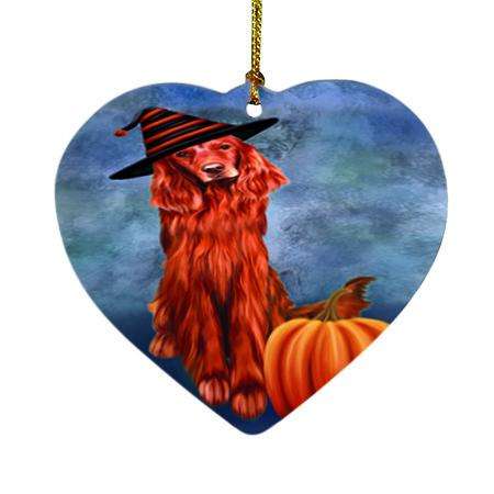 Happy Halloween Irish Setter Dog Wearing Witch Hat with Pumpkin Heart Christmas Ornament HPOR54889