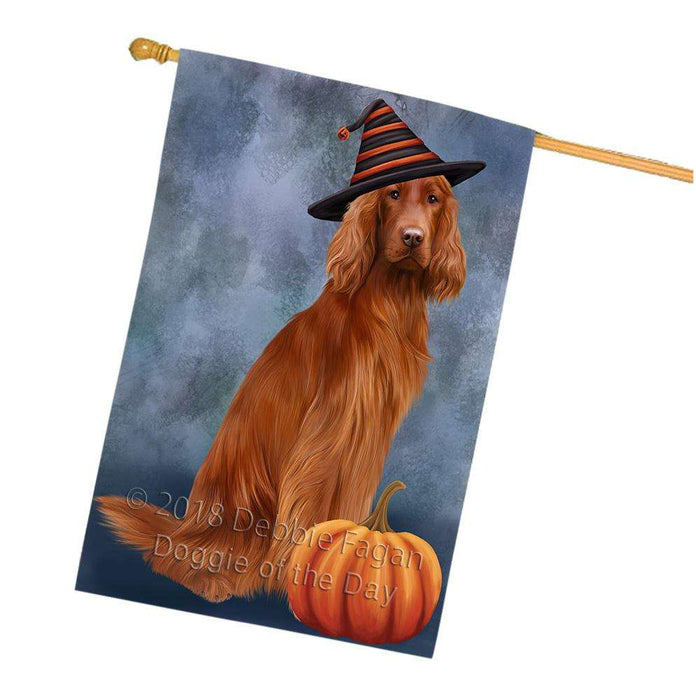 Happy Halloween Irish Setter Dog Wearing Witch Hat with Pumpkin House Flag FLG55058