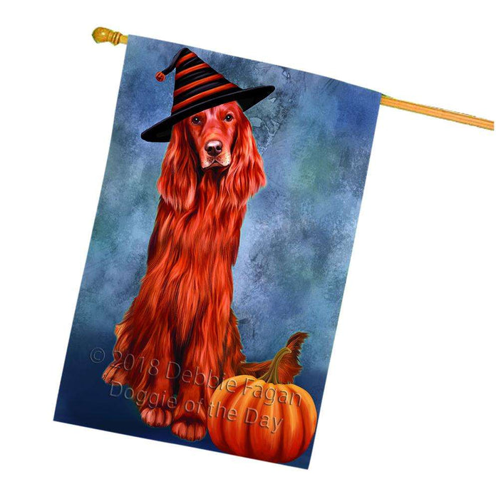 Happy Halloween Irish Setter Dog Wearing Witch Hat with Pumpkin House Flag FLG55087