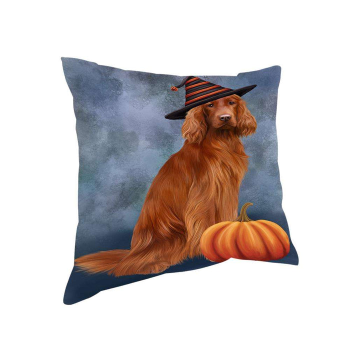 Happy Halloween Irish Setter Dog Wearing Witch Hat with Pumpkin Pillow PIL76064