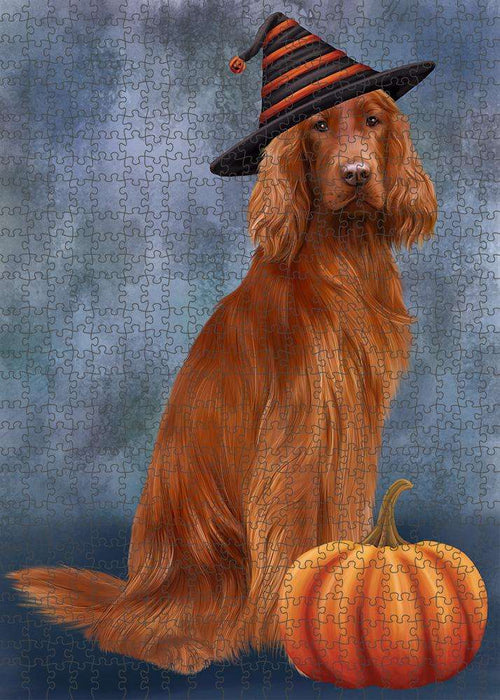 Happy Halloween Irish Setter Dog Wearing Witch Hat with Pumpkin Puzzle with Photo Tin PUZL86596