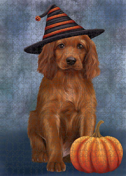 Happy Halloween Irish Setter Dog Wearing Witch Hat with Pumpkin Puzzle with Photo Tin PUZL86600