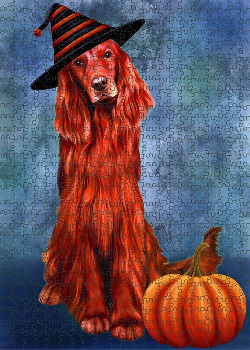 Happy Halloween Irish Setter Dog Wearing Witch Hat with Pumpkin Puzzle with Photo Tin PUZL86712