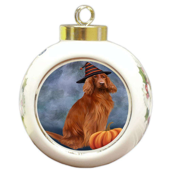 Happy Halloween Irish Setter Dog Wearing Witch Hat with Pumpkin Round Ball Christmas Ornament RBPOR54860