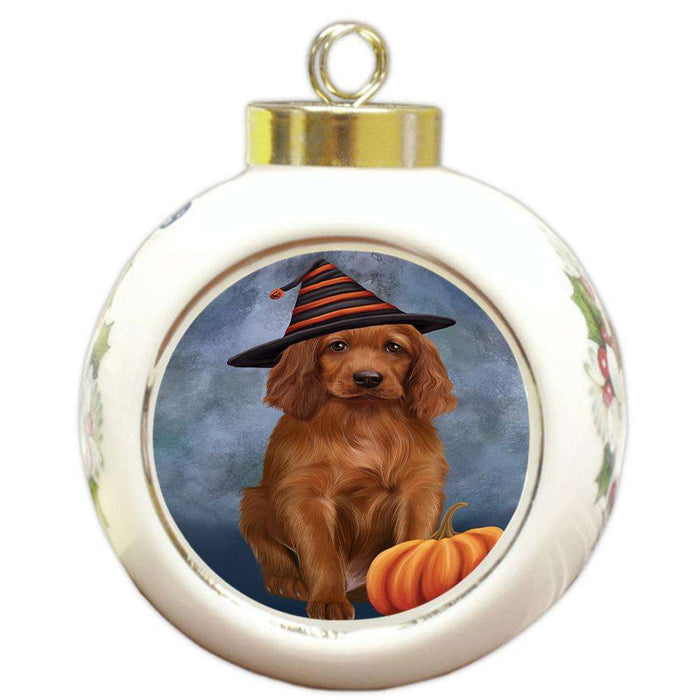 Happy Halloween Irish Setter Dog Wearing Witch Hat with Pumpkin Round Ball Christmas Ornament RBPOR54861