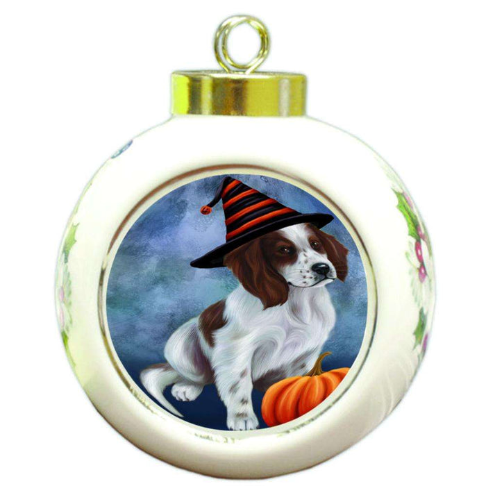 Happy Halloween Irish Setter Dog Wearing Witch Hat with Pumpkin Round Ball Christmas Ornament RBPOR54888