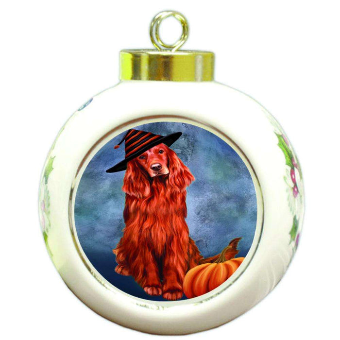 Happy Halloween Irish Setter Dog Wearing Witch Hat with Pumpkin Round Ball Christmas Ornament RBPOR54889