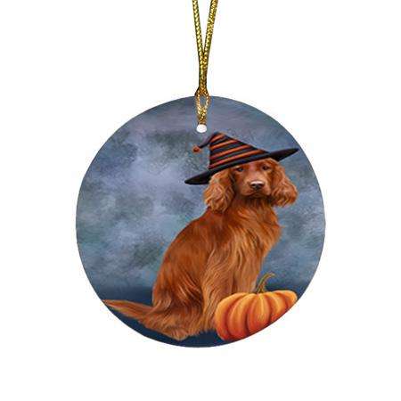 Happy Halloween Irish Setter Dog Wearing Witch Hat with Pumpkin Round Flat Christmas Ornament RFPOR54851