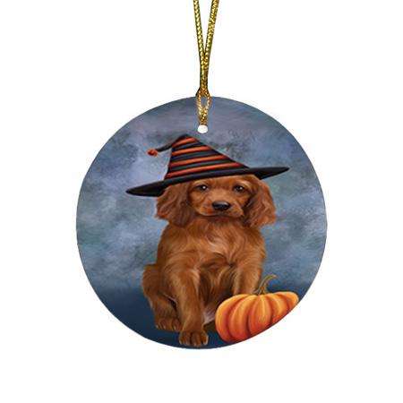 Happy Halloween Irish Setter Dog Wearing Witch Hat with Pumpkin Round Flat Christmas Ornament RFPOR54852