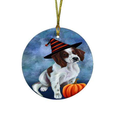 Happy Halloween Irish Setter Dog Wearing Witch Hat with Pumpkin Round Flat Christmas Ornament RFPOR54879