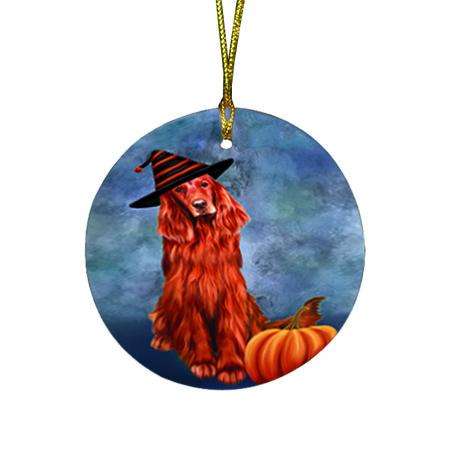 Happy Halloween Irish Setter Dog Wearing Witch Hat with Pumpkin Round Flat Christmas Ornament RFPOR54880