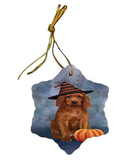 Happy Halloween Irish Setter Dog Wearing Witch Hat with Pumpkin Star Porcelain Ornament SPOR54852
