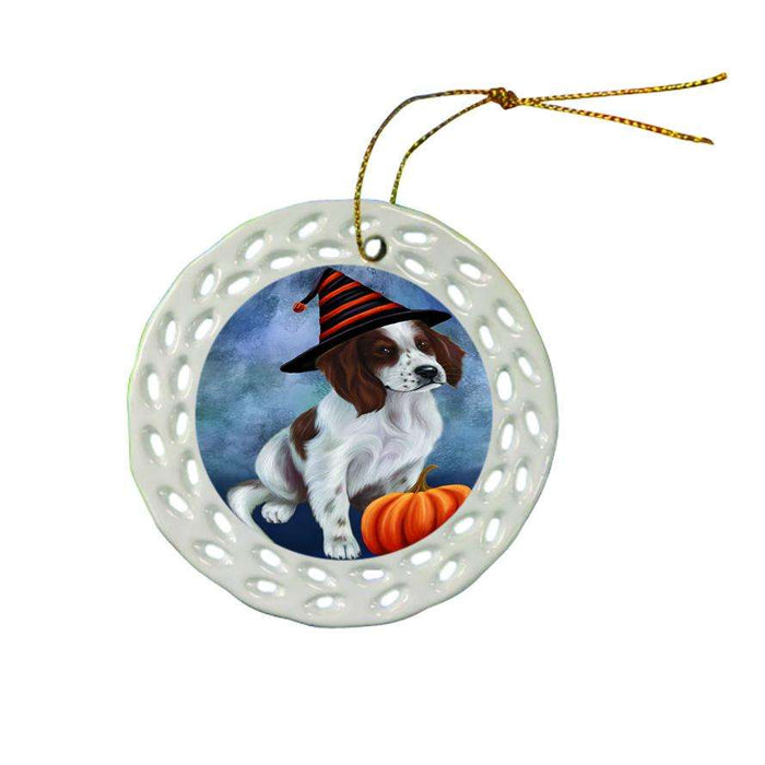 Happy Halloween Irish Setter Dog Wearing Witch Hat with Pumpkin Star Porcelain Ornament SPOR54879