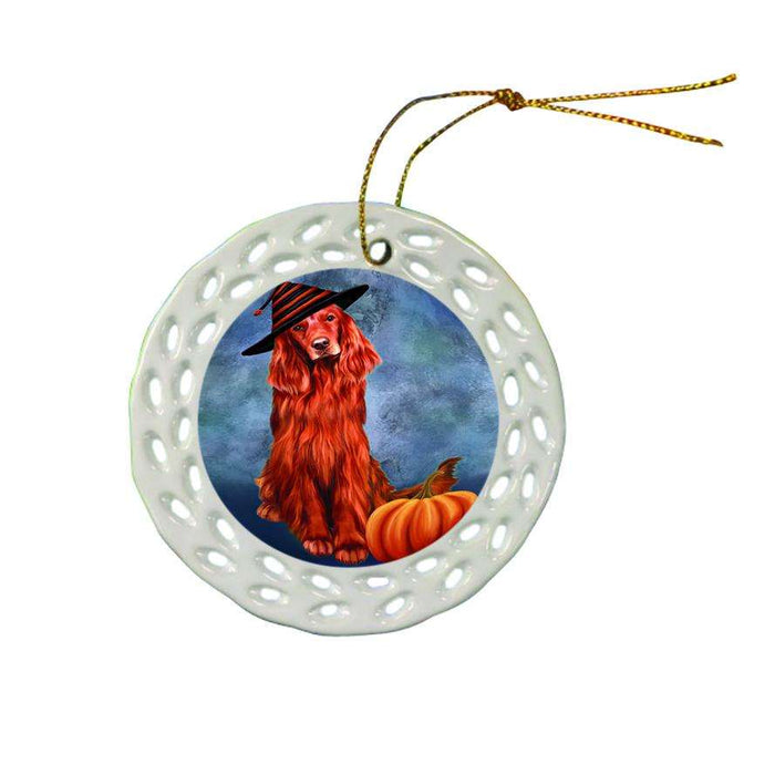 Happy Halloween Irish Setter Dog Wearing Witch Hat with Pumpkin Star Porcelain Ornament SPOR54880