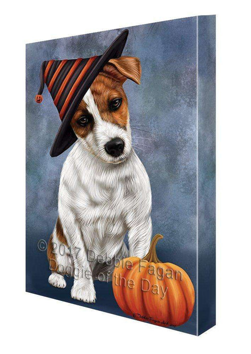 Happy Halloween Jack Russel Dog Wearing Witch Hat with Pumpkin Canvas Wall Art