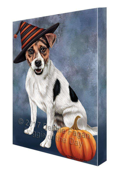 Happy Halloween Jack Russel Dog Wearing Witch Hat with Pumpkin Canvas Wall Art