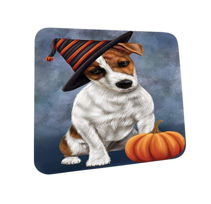 Happy Halloween Jack Russel Dog Wearing Witch Hat with Pumpkin Coasters Set of 4