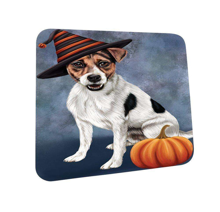 Happy Halloween Jack Russel Dog Wearing Witch Hat with Pumpkin Coasters Set of 4