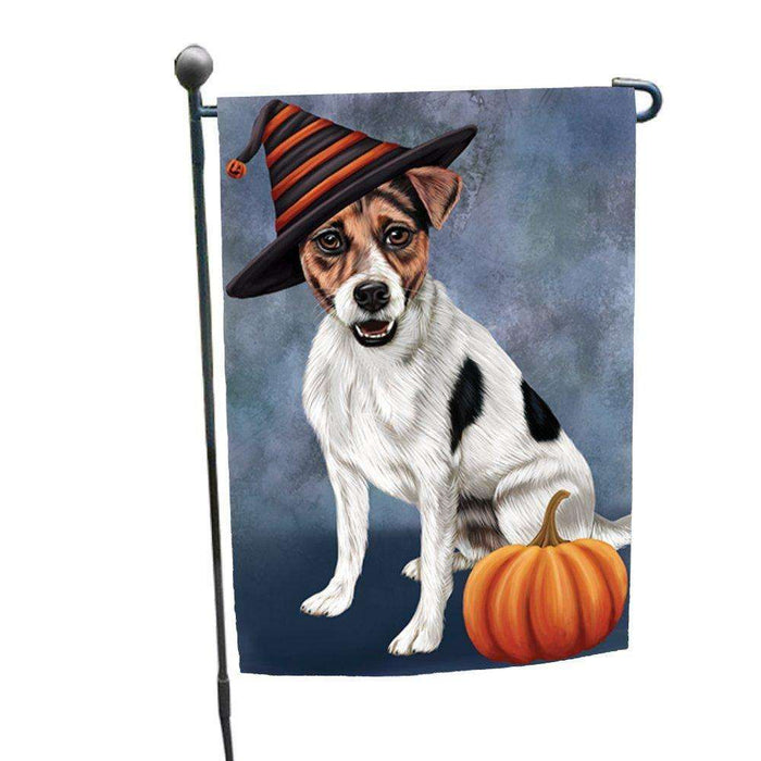 Happy Halloween Jack Russel Dog Wearing Witch Hat with Pumpkin Garden Flag