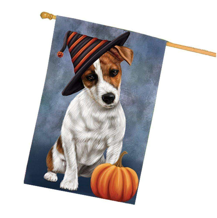 Happy Halloween Jack Russel Dog Wearing Witch Hat with Pumpkin House Flag