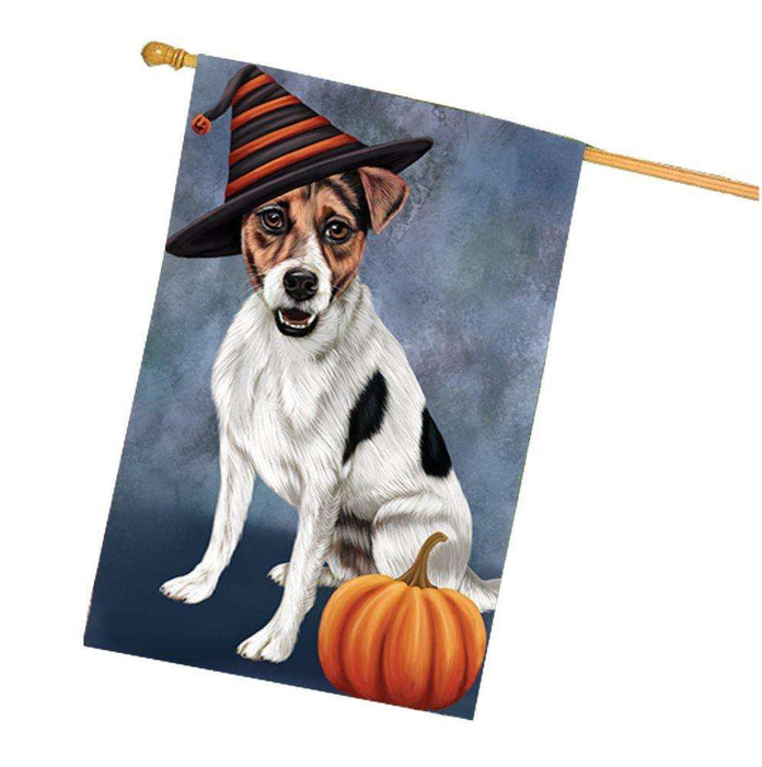 Happy Halloween Jack Russel Dog Wearing Witch Hat with Pumpkin House Flag