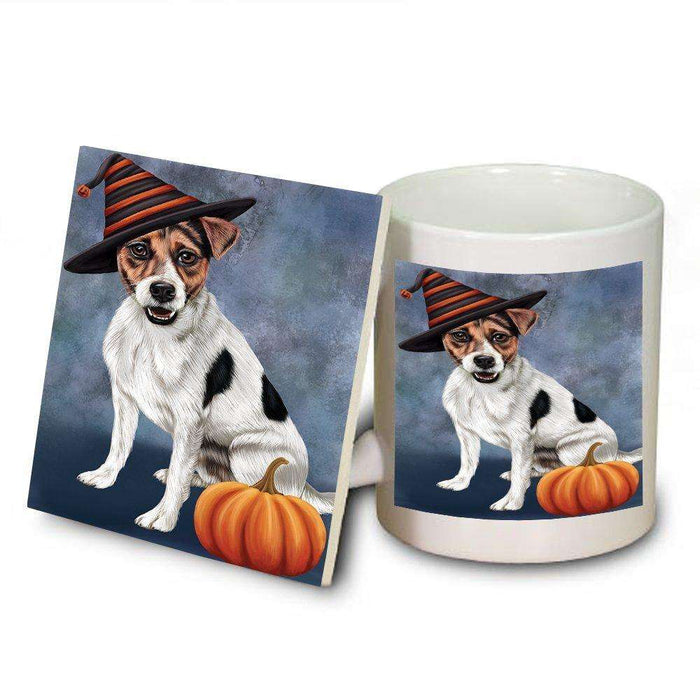 Happy Halloween Jack Russel Dog Wearing Witch Hat with Pumpkin Mug and Coaster Set