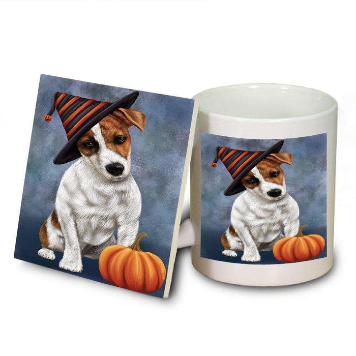 Happy Halloween Jack Russel Dog Wearing Witch Hat with Pumpkin Mug and Coaster Set