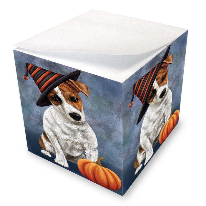 Happy Halloween Jack Russel Dog Wearing Witch Hat with Pumpkin Note Cube