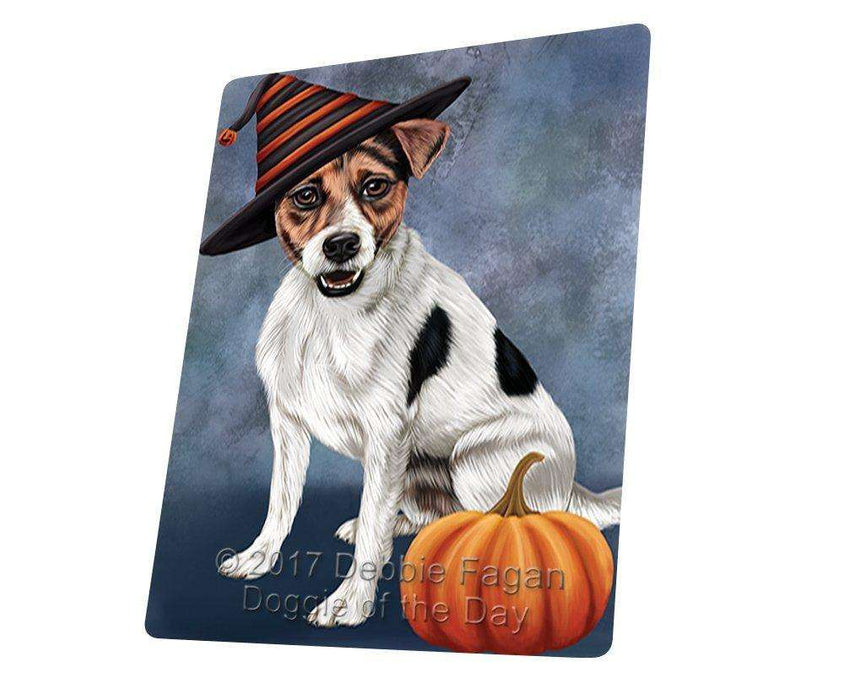 Happy Halloween Jack Russel Dog Wearing Witch Hat with Pumpkin Tempered Cutting Board