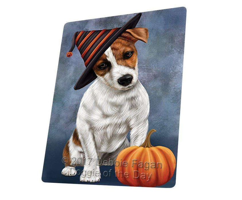 Happy Halloween Jack Russel Dog Wearing Witch Hat with Pumpkin Tempered Cutting Board