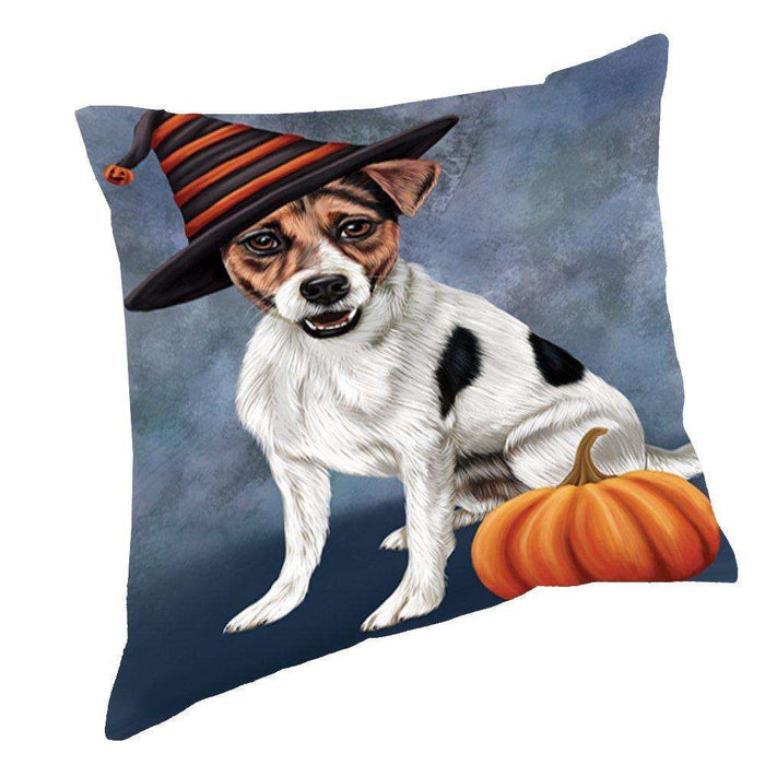 Happy Halloween Jack Russel Dog Wearing Witch Hat with Pumpkin Throw Pillow