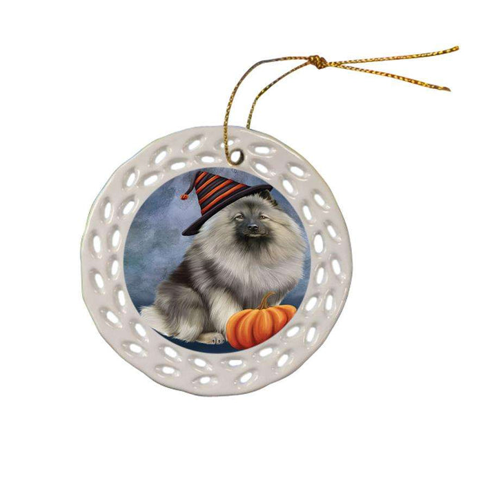 Happy Halloween Keeshond Dog Wearing Witch Hat with Pumpkin Ceramic Doily Ornament DPOR54862