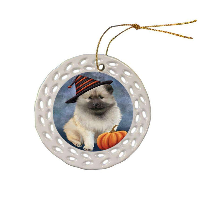 Happy Halloween Keeshond Dog Wearing Witch Hat with Pumpkin Ceramic Doily Ornament DPOR54863