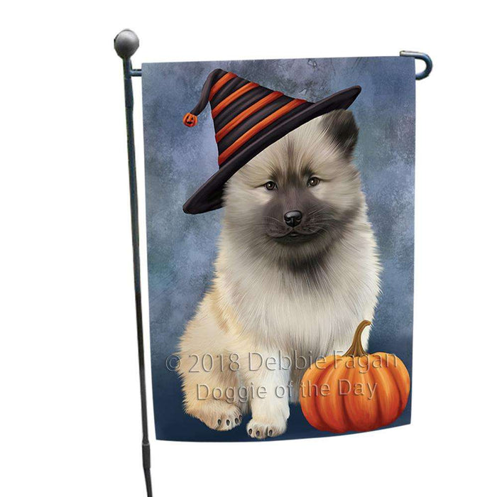 Happy Halloween Keeshond Dog Wearing Witch Hat with Pumpkin Garden Flag GFLG54925