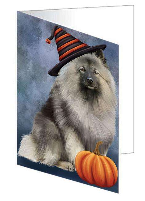 Happy Halloween Keeshond Dog Wearing Witch Hat with Pumpkin Handmade Artwork Assorted Pets Greeting Cards and Note Cards with Envelopes for All Occasions and Holiday Seasons GCD68615
