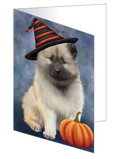 Happy Halloween Keeshond Dog Wearing Witch Hat with Pumpkin Handmade Artwork Assorted Pets Greeting Cards and Note Cards with Envelopes for All Occasions and Holiday Seasons GCD68618